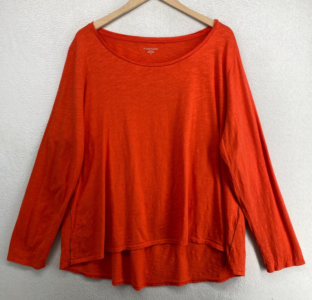 EILEEN FISHER Top 2X Slub Cotton Jersey Contrast Stitch Long Sleeve Orange